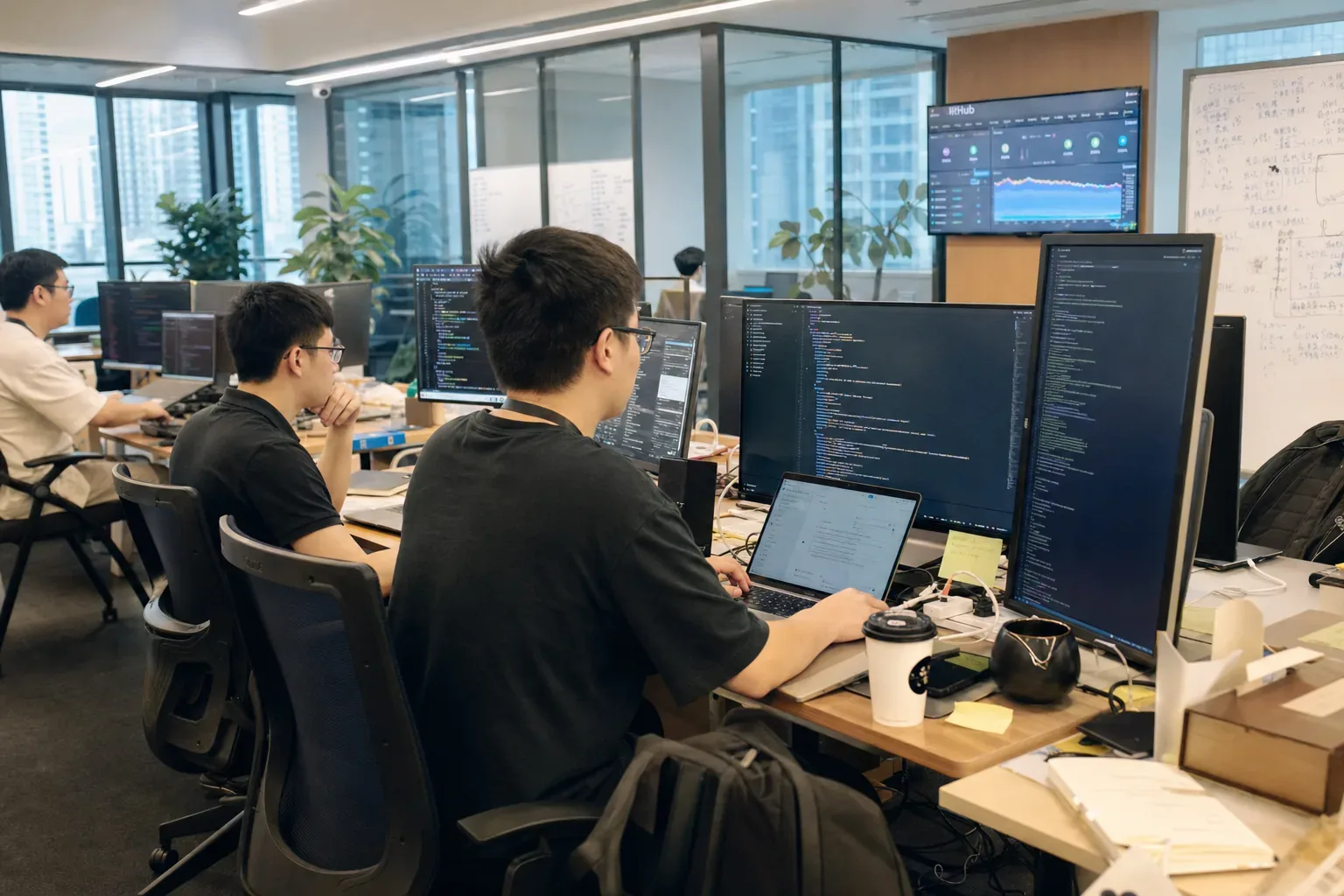 红数科技技术成员在工作台进行代码检查