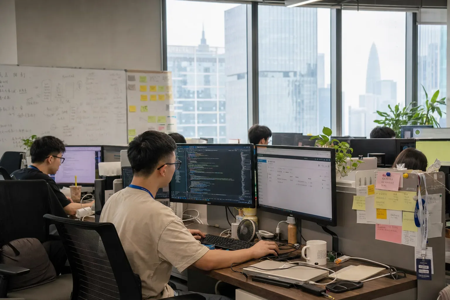 红数科技成员在办公位处理项目后台与代码