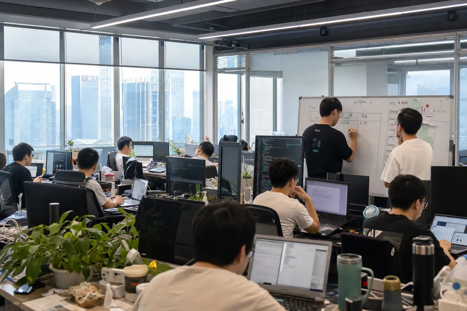 红数科技团队在白板前讨论系统结构
