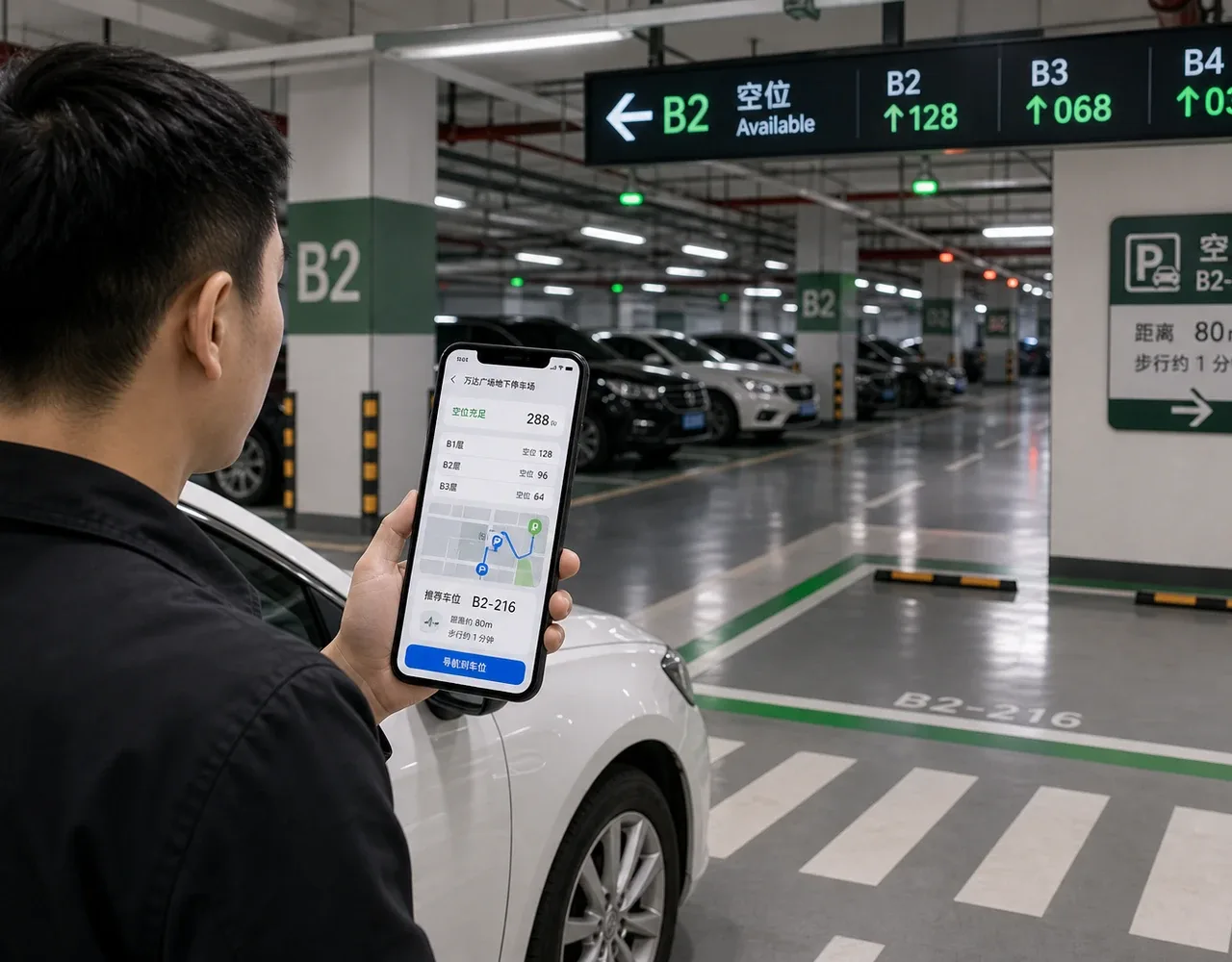 智能停车APP查询空余车位与场内导航实景